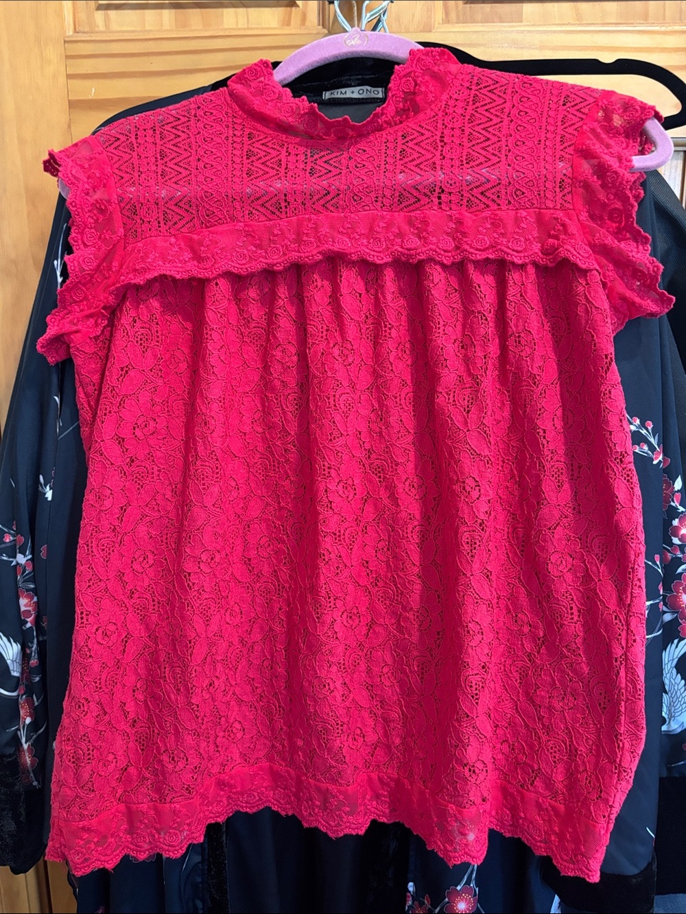 Sugar Hot Pink Lace Ruffle Mock-Neck Blouse